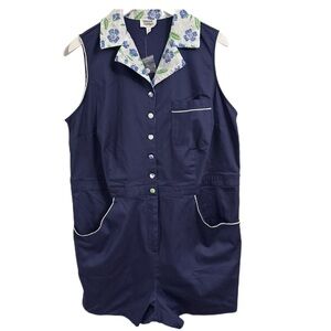 Unique Vintage Pin Up Floral Embroidered  Pockets Romper Navy Blue White Size 3X